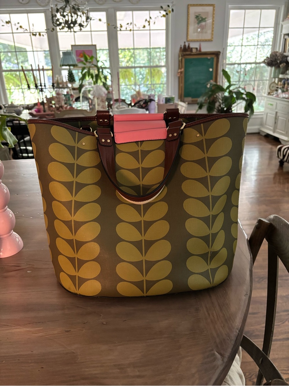 Orla Kiely Olive and Pink Handbag